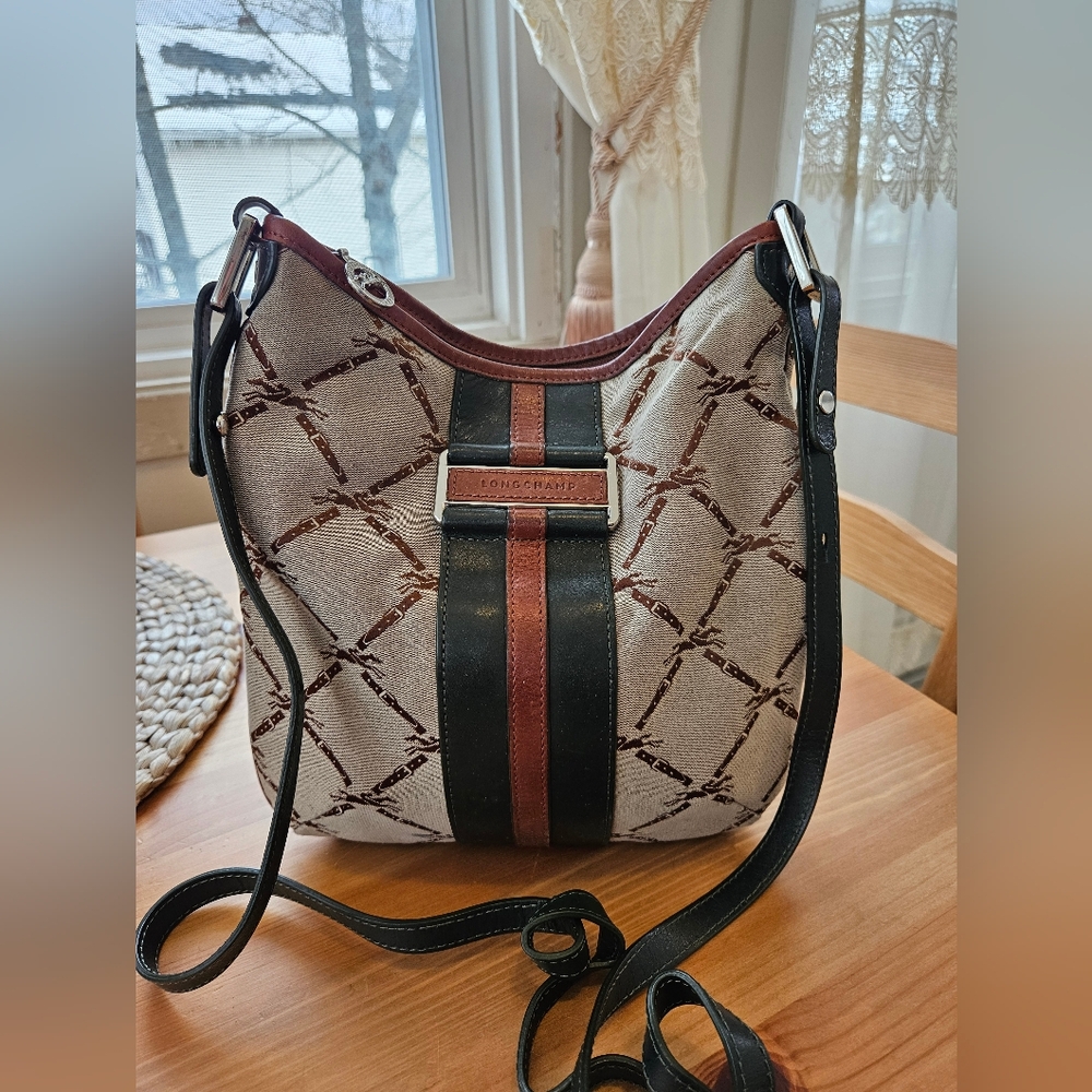 LONGCHAMP Crossbody Bag Beige Green Canvas Calfskin